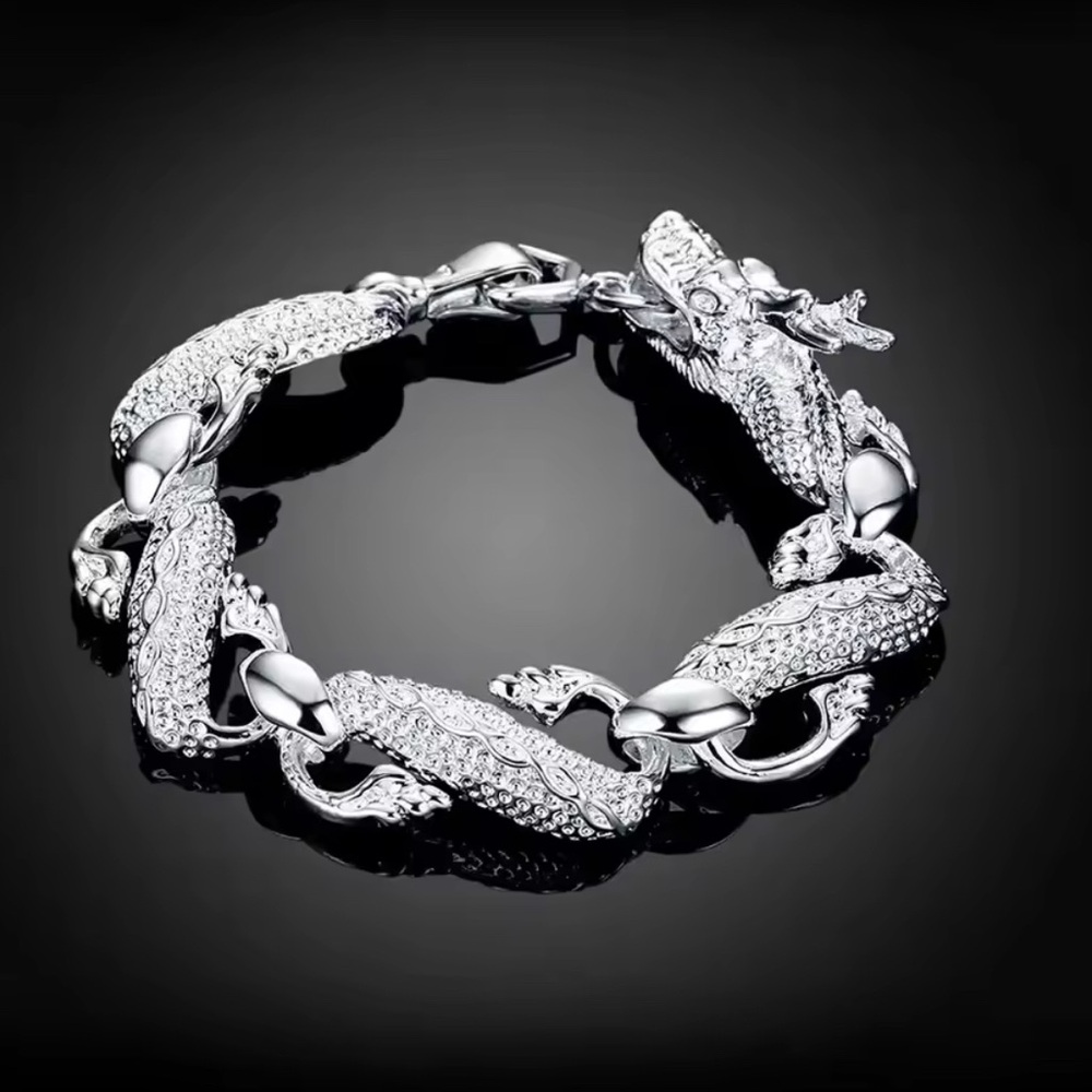8 inch silver tone iced out bracelet dragon spiral elegant jewelry